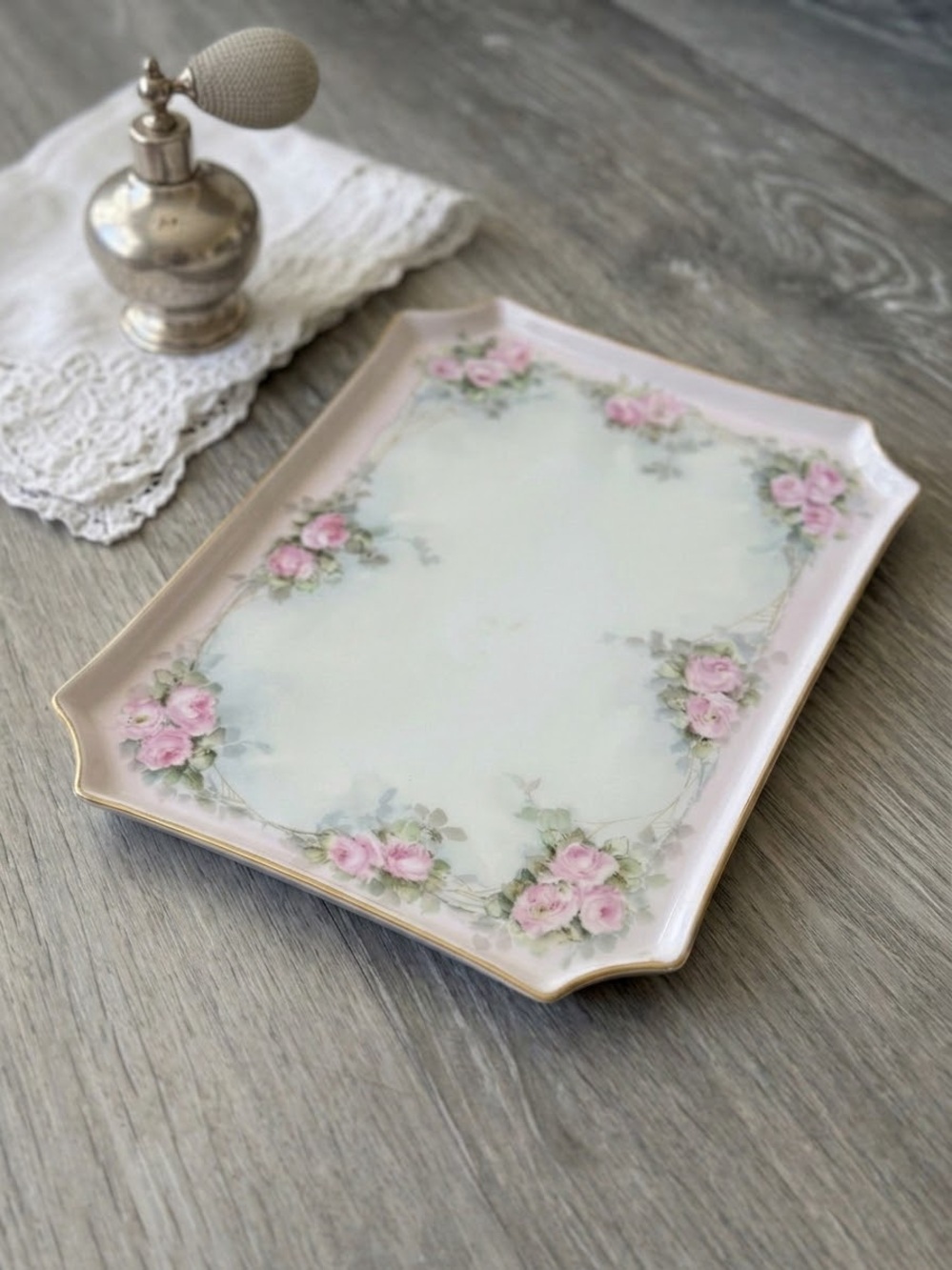 Antique Limoges WG & Co French Porcelain Vanity Dresser Tray Pink Roses